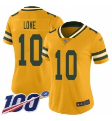 Women's Green Bay Packers #10 Jordan Love Gold Stitched NFL Limited Inverted Legend 100th Season Jersey