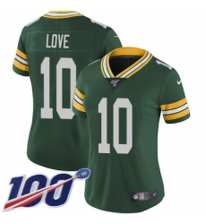 Women's Green Bay Packers #10 Jordan Love Green Team Color Stitched NFL 100th Season Vapor Untouchable Limited Jersey