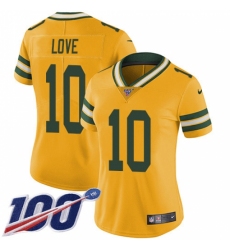 Women's Green Bay Packers #10 Jordan Love Yellow Stitched NFL Limited Rush 100th Season Jersey