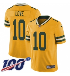 Youth Green Bay Packers #10 Jordan Love Yellow Stitched NFL Limited Rush 100th Season Jersey
