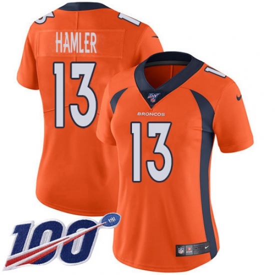 Women's Denver Broncos #13 KJ Hamler Orange Team Color Stitched 100th Season Vapor Untouchable Limited Jersey Women's Denver Broncos #13 KJ Hamler Orange Team Color Stitched 100th Season Vapor Untouchable Limited Jersey