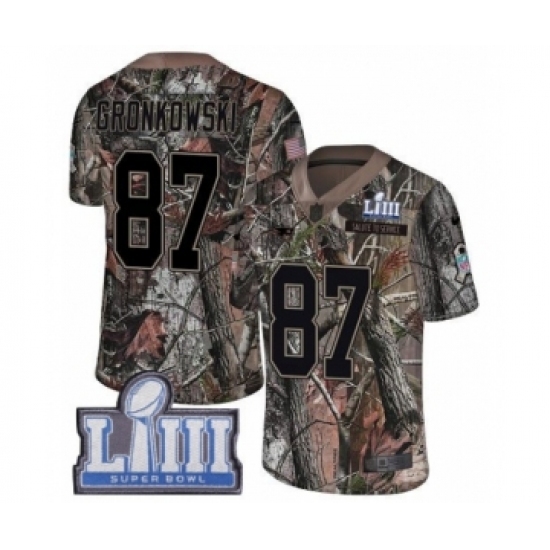 Men's Nike New England Patriots #87 Rob Gronkowski Camo Rush Realtree Limited Super Bowl LIII Bound NFL Jersey Men's Nike New England Patriots #87 Rob Gronkowski Camo Rush Realtree Limited Super Bowl LIII Bound NFL Jersey