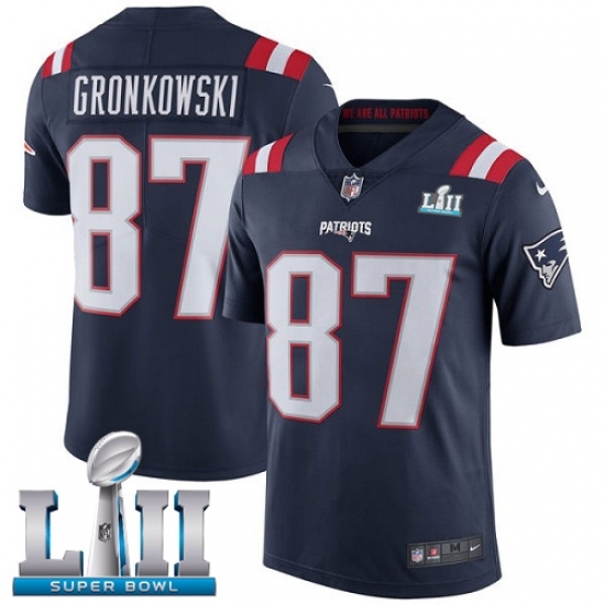 Men's Nike New England Patriots #87 Rob Gronkowski Limited Navy Blue Rush Vapor Untouchable Super Bowl LII NFL Jersey Men's Nike New England Patriots #87 Rob Gronkowski Limited Navy Blue Rush Vapor Untouchable Super Bowl LII NFL Jersey