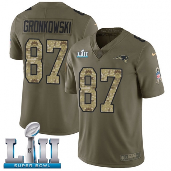 Men's Nike New England Patriots #87 Rob Gronkowski Limited Olive/Camo 2017 Salute to Service Super Bowl LII NFL Jersey Men's Nike New England Patriots #87 Rob Gronkowski Limited Olive/Camo 2017 Salute to Service Super Bowl LII NFL Jersey