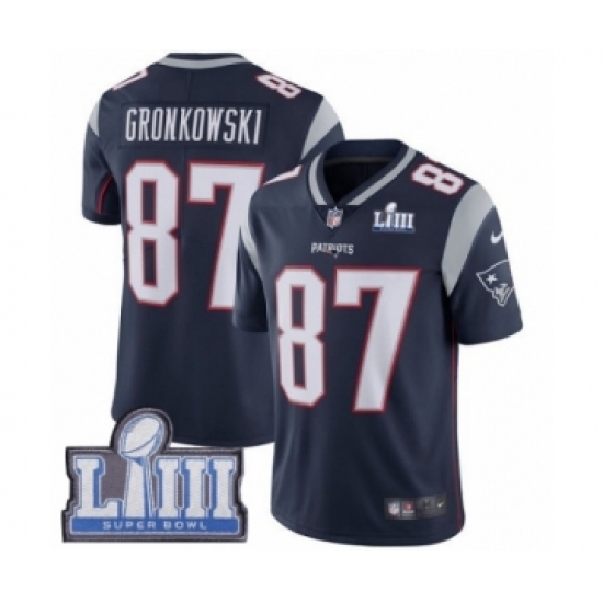 Men's Nike New England Patriots #87 Rob Gronkowski Navy Blue Team Color Vapor Untouchable Limited Player Super Bowl LIII Bound NFL Jersey Men's Nike New England Patriots #87 Rob Gronkowski Navy Blue Team Color Vapor Untouchable Limited Player Super Bowl LIII Bound NFL Jersey