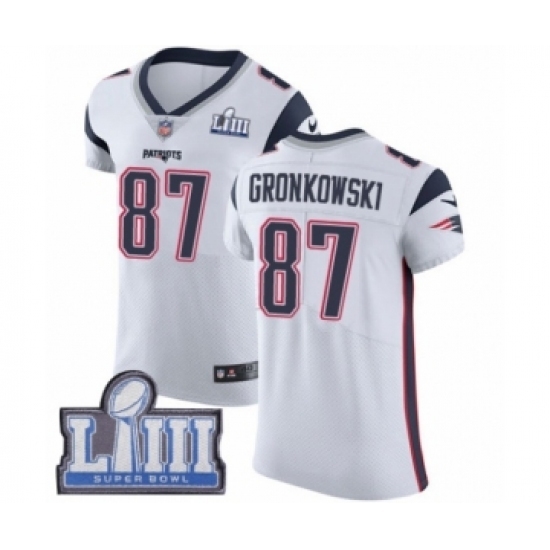 Men's Nike New England Patriots #87 Rob Gronkowski White Vapor Untouchable Elite Player Super Bowl LIII Bound NFL Jersey Men's Nike New England Patriots #87 Rob Gronkowski White Vapor Untouchable Elite Player Super Bowl LIII Bound NFL Jersey