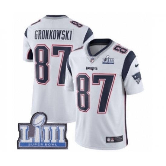 Men's Nike New England Patriots #87 Rob Gronkowski White Vapor Untouchable Limited Player Super Bowl LIII Bound NFL Jersey Men's Nike New England Patriots #87 Rob Gronkowski White Vapor Untouchable Limited Player Super Bowl LIII Bound NFL Jersey
