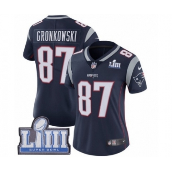 Women's Nike New England Patriots #87 Rob Gronkowski Navy Blue Team Color Vapor Untouchable Limited Player Super Bowl LIII Bound NFL Jersey Women's Nike New England Patriots #87 Rob Gronkowski Navy Blue Team Color Vapor Untouchable Limited Player Super Bowl LIII Bound NFL Jersey