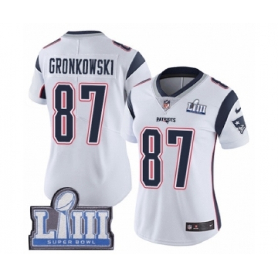 Women's Nike New England Patriots #87 Rob Gronkowski White Vapor Untouchable Limited Player Super Bowl LIII Bound NFL Jersey Women's Nike New England Patriots #87 Rob Gronkowski White Vapor Untouchable Limited Player Super Bowl LIII Bound NFL Jersey