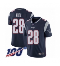 Men's New England Patriots #28 James White Navy Blue Team Color Vapor Untouchable Limited Player 100th Season Football Jersey