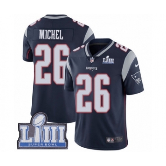 Men's Nike New England Patriots #26 Sony Michel Navy Blue Team Color Vapor Untouchable Limited Player Super Bowl LIII Bound NFL Jersey Men's Nike New England Patriots #26 Sony Michel Navy Blue Team Color Vapor Untouchable Limited Player Super Bowl LIII Bound NFL Jersey