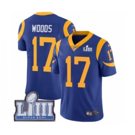 Men's Nike Los Angeles Rams #17 Robert Woods Royal Blue Alternate Vapor Untouchable Limited Player Super Bowl LIII Bound NFL Jersey Men's Nike Los Angeles Rams #17 Robert Woods Royal Blue Alternate Vapor Untouchable Limited Player Super Bowl LIII Bound NFL Jersey