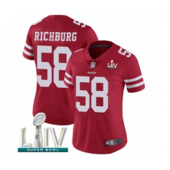 Women's San Francisco 49ers #58 Weston Richburg Red Team Color Vapor Untouchable Limited Player Super Bowl LIV Bound Football Jersey Women's San Francisco 49ers #58 Weston Richburg Red Team Color Vapor Untouchable Limited Player Super Bowl LIV Bound Football Jersey