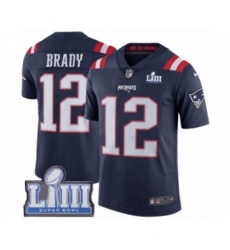 Youth Nike New England Patriots #12 Tom Brady Limited Navy Blue Rush Vapor Untouchable Super Bowl LIII Bound NFL Jersey