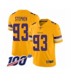Men's Minnesota Vikings #93 Shamar Stephen Limited Gold Inverted Legend 100th Season Football Jersey