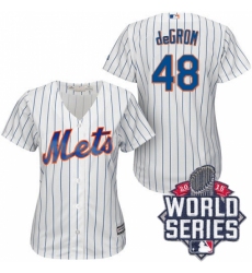 Women's Majestic New York Mets #48 Jacob deGrom Replica White/Blue Strip 2015 World Series MLB Jersey