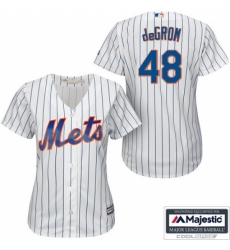 Women's Majestic New York Mets #48 Jacob deGrom Replica White/Blue Strip MLB Jersey