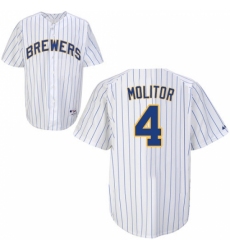Men's Majestic Milwaukee Brewers #4 Paul Molitor Replica White (blue strip) MLB Jersey