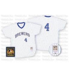 Men's Mitchell and Ness Milwaukee Brewers #4 Paul Molitor Authentic White/Blue Strip Throwback MLB Jersey