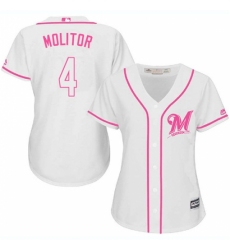 Women's Majestic Milwaukee Brewers #4 Paul Molitor Authentic White Fashion Cool Base MLB Jersey