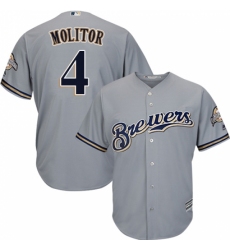 Youth Majestic Milwaukee Brewers #4 Paul Molitor Replica Grey Road Cool Base MLB Jersey