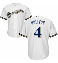 Youth Majestic Milwaukee Brewers #4 Paul Molitor Replica White Home Cool Base MLB Jersey