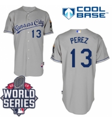 Men's Majestic Kansas City Royals #13 Salvador Perez Authentic Grey Road Cool Base 2015 World Series