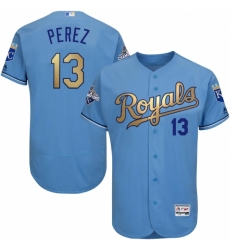 Men's Majestic Kansas City Royals #13 Salvador Perez Authentic Light Blue 2015 World Series Champions Gold Program FlexBase MLB Jersey