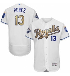 Men's Majestic Kansas City Royals #13 Salvador Perez Authentic White 2015 World Series Champions Gold Program FlexBase MLB Jersey