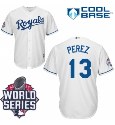 Men's Majestic Kansas City Royals #13 Salvador Perez Authentic White Home Cool Base 2015 World Series