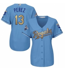 Women's Majestic Kansas City Royals #13 Salvador Perez Authentic Light Blue 2015 World Series Champions Gold Program Cool Base MLB Jersey