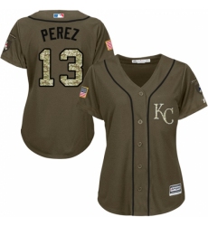Women's Majestic Kansas City Royals #13 Salvador Perez Replica Green Salute to Service MLB Jersey