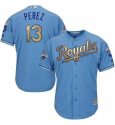 Youth Majestic Kansas City Royals #13 Salvador Perez Authentic Light Blue 2015 World Series Champions Gold Program Cool Base MLB Jersey