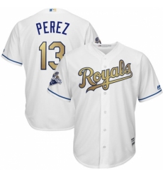 Youth Majestic Kansas City Royals #13 Salvador Perez Authentic White 2015 World Series Champions Gold Program Cool Base MLB Jersey