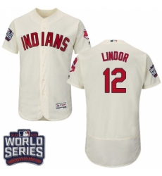 Men's Majestic Cleveland Indians #12 Francisco Lindor Cream 2016 World Series Bound Flexbase Authentic Collection MLB Jersey