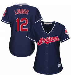 Women's Majestic Cleveland Indians #12 Francisco Lindor Replica Navy Blue Alternate 1 Cool Base MLB Jersey