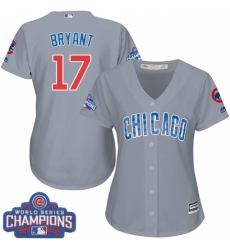 Women's Majestic Chicago Cubs #17 Kris Bryant Authentic Grey Road 2016 World Series Champions Cool Base MLB Jersey