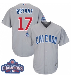 Youth Majestic Chicago Cubs #17 Kris Bryant Authentic Grey Road 2016 World Series Champions Cool Base MLB Jersey