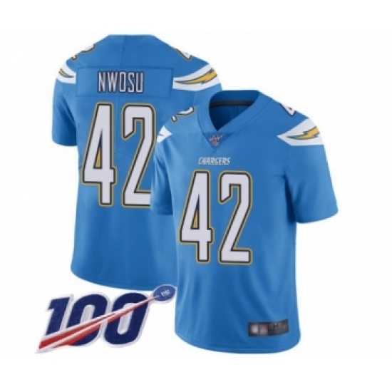 Men's Los Angeles Chargers #42 Uchenna Nwosu Electric Blue Alternate Vapor Untouchable Limited Player 100th Season Football Jersey Men's Los Angeles Chargers #42 Uchenna Nwosu Electric Blue Alternate Vapor Untouchable Limited Player 100th Season Football Jersey