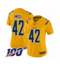 Women's Los Angeles Chargers #42 Uchenna Nwosu Limited Gold Inverted Legend 100th Season Football Jersey