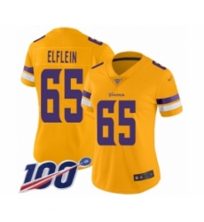 Women's Minnesota Vikings #65 Pat Elflein Limited Gold Inverted Legend 100th Season Football Jersey