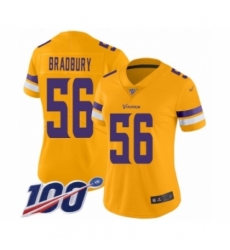 Women's Minnesota Vikings #56 Garrett Bradbury Limited Gold Inverted Legend 100th Season Football Jersey