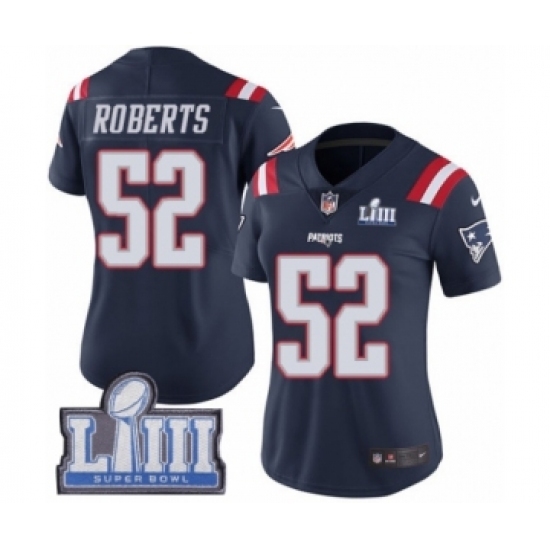 Women's Nike New England Patriots #52 Elandon Roberts Limited Navy Blue Rush Vapor Untouchable Super Bowl LIII Bound NFL Jersey Women's Nike New England Patriots #52 Elandon Roberts Limited Navy Blue Rush Vapor Untouchable Super Bowl LIII Bound NFL Jersey