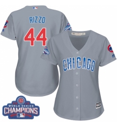 Women's Majestic Chicago Cubs #44 Anthony Rizzo Authentic Grey Road 2016 World Series Champions Cool Base MLB Jersey