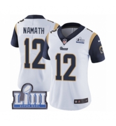 Women's Nike Los Angeles Rams #12 Joe Namath White Vapor Untouchable Limited Player Super Bowl LIII Bound NFL Jersey