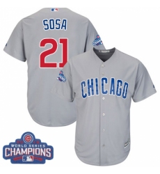 Youth Majestic Chicago Cubs #21 Sammy Sosa Authentic Grey Road 2016 World Series Champions Cool Base MLB Jersey