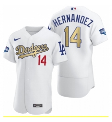 Men's Los Angeles Dodgers #14 Enrique Hernandez Olive Gold 2020 World Series Champions Authentic Jersey