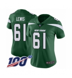 Women's New York Jets #61 Alex Lewis Green Team Color Vapor Untouchable Limited Player 100th Season Football Jersey