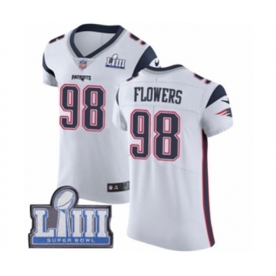 Men's Nike New England Patriots #98 Trey Flowers White Vapor Untouchable Elite Player Super Bowl LIII Bound NFL Jersey Men's Nike New England Patriots #98 Trey Flowers White Vapor Untouchable Elite Player Super Bowl LIII Bound NFL Jersey