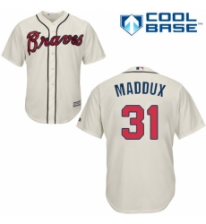 Youth Majestic Atlanta Braves #31 Greg Maddux Replica Cream Alternate 2 Cool Base MLB Jersey